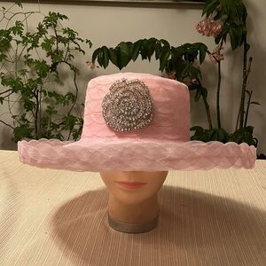 Elegant Pink Hat with Silver Rhinestone Rose Embellishment